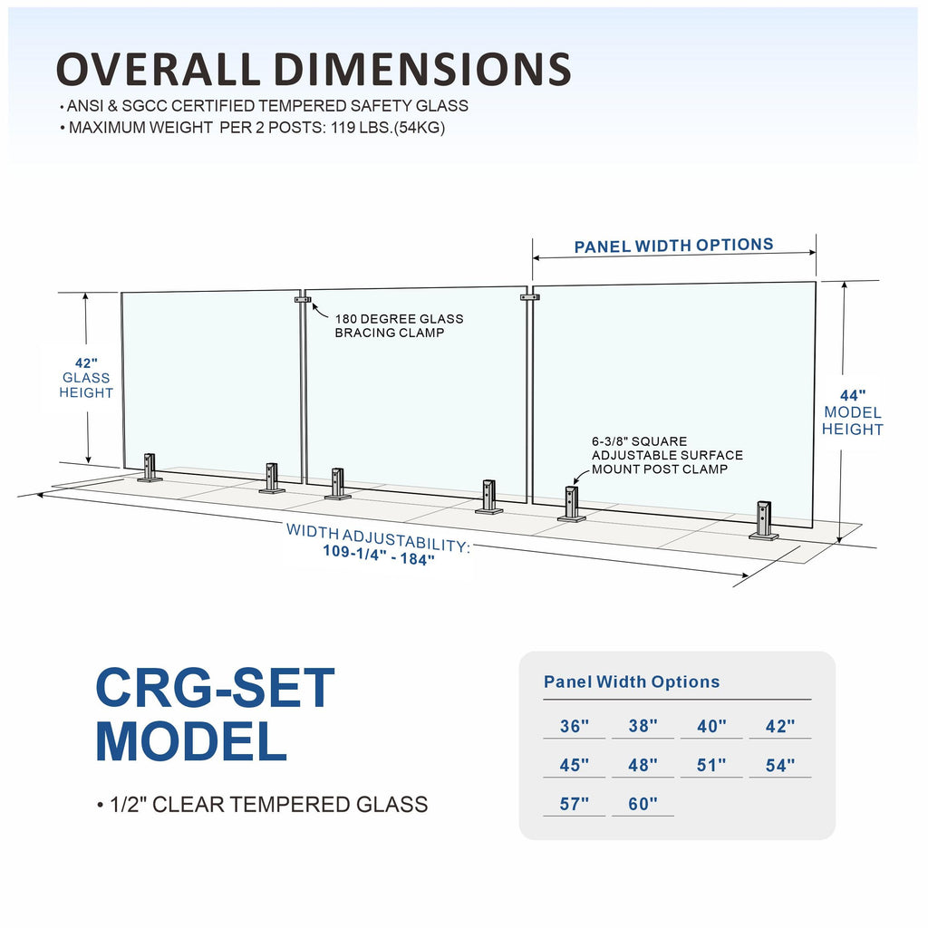 2 Panel Deck Railing Kit, 118-121" W X 44" H Glass Railing System