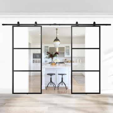 Double Barn Door 72 x 84 in with 12FT Hardware Kit and Soft Close Mechanism, 2 Sets of 36x84 in Clear Tempered Glass