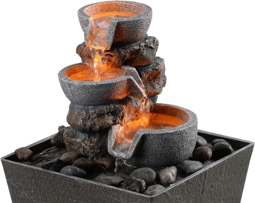 Decorative Indoor Fountain 3-Bowl Rockery Soothing Sound Tabletop Fountains Decor with Led Light/Some