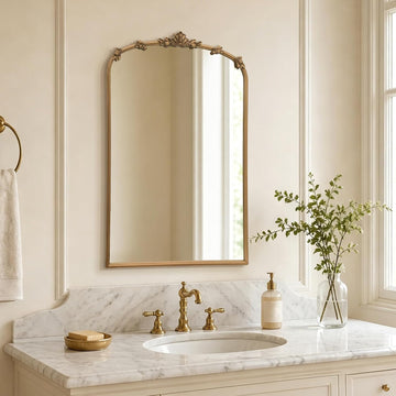 Vintage Gold Mirror for Bathroom: 24"x36" Ornate Arched Mirror, French Baroque Antique for