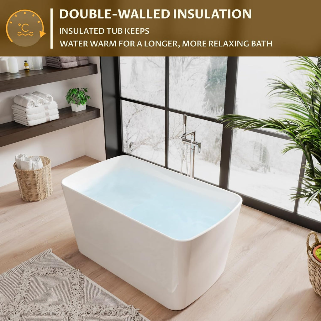 49" Acrylic Freestanding Bathtub - Japanese Square Soaking Tub with Built-in Seat & Toe-Tap Drain, Glossy White