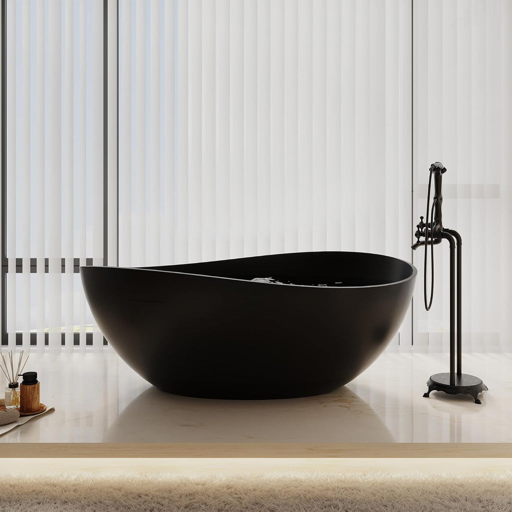 63" Free Standing Tub, Matte Black Stone Resin Freestanding Bathtub Solid Surface Soaking Tub with Drain, Drain Hose