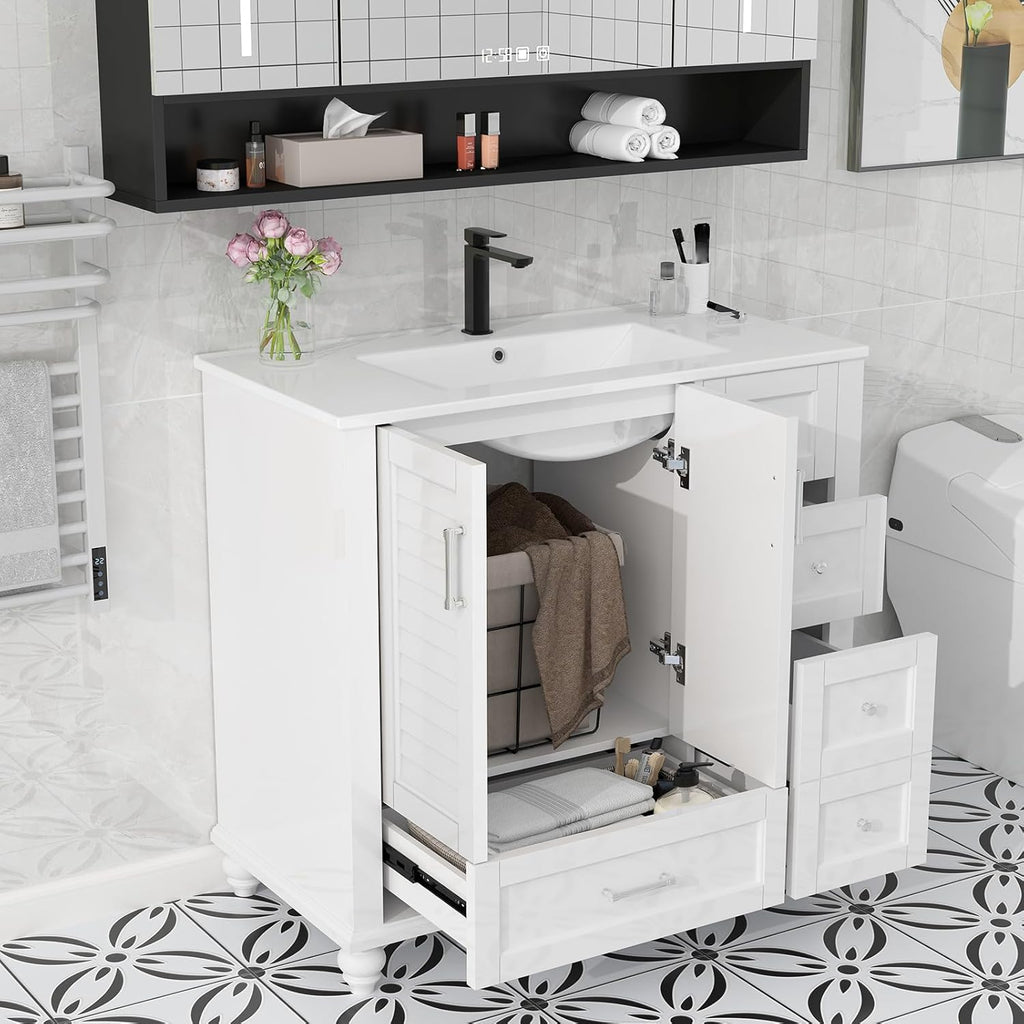 36" Bathroom Vanity with Sink, Painted Surface Solid Wood Frame Bathroom Storage Vanities Set with 3 Drawers, Louvre Design Cabinet with Integrated Ceramic Sink, White