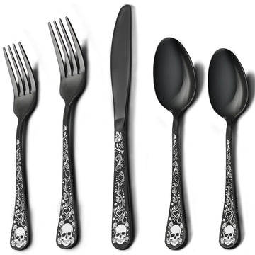 Skull Black Silverware Set for 4, 20-Piece Black Flatware Set, Gothic Skeleton Cutlery for Decoration, Halloween