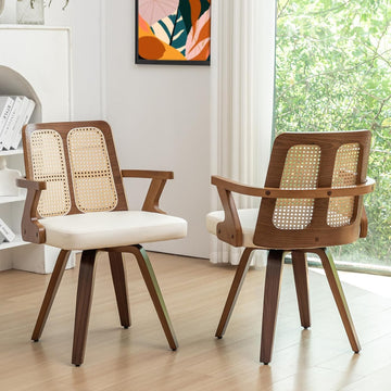Walnut Dining Chairs - Swivel Rattan Dining Chairs with Bentwood Frame with Ergonomic Cane Back, Curved Arms, MCM