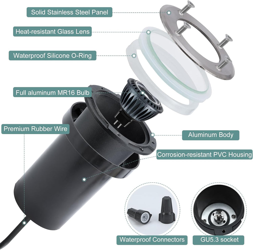 Low Voltage Landscape LED Well Lights, 12V in Ground Lights Outdoor IP67 Waterproof, 5" Tall Wired Landscape Up