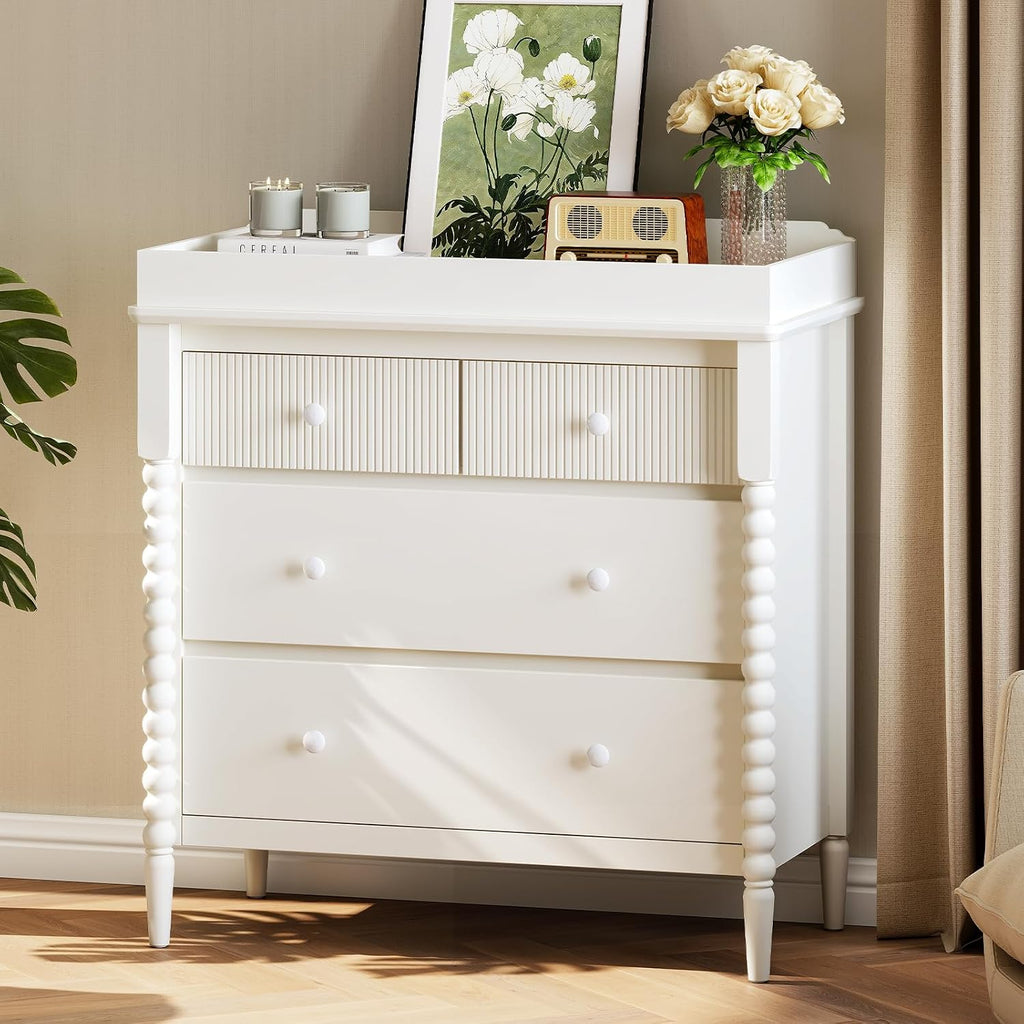 White Nursery Dresser with Changing Table, 4 Drawers for Storage | Jenny Lind Spindle Style Dresser and Removable