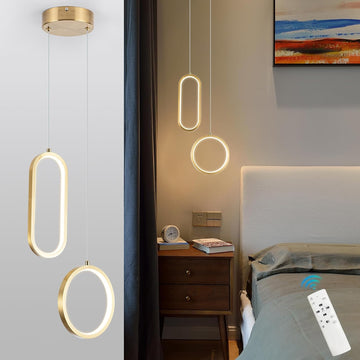 Gold Modern Mini LED Pendant Light with Remote Control, 2 Ring 24W 3-Color Temp Stepless Dimmable Ceiling Hanging