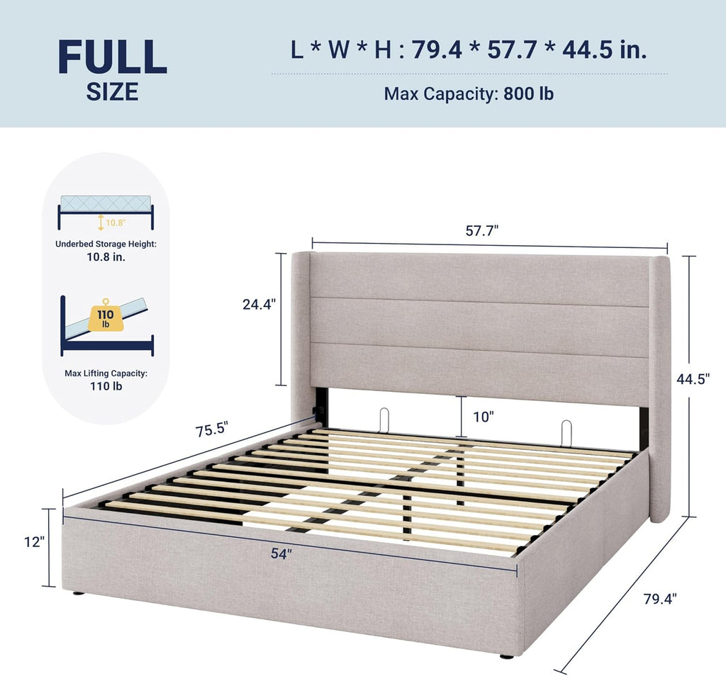 Full Lift Up Storage Bed, Modern Wingback Headboard, Hydraulic Support, No Box Spring Needed, Light Beige