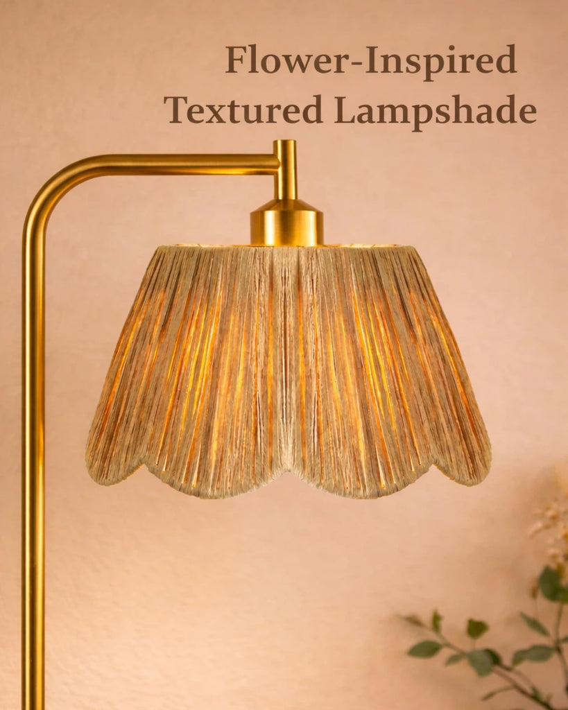 Boho Brushed Gold Floor Lamp with Remote, Flower-Inspired Shade