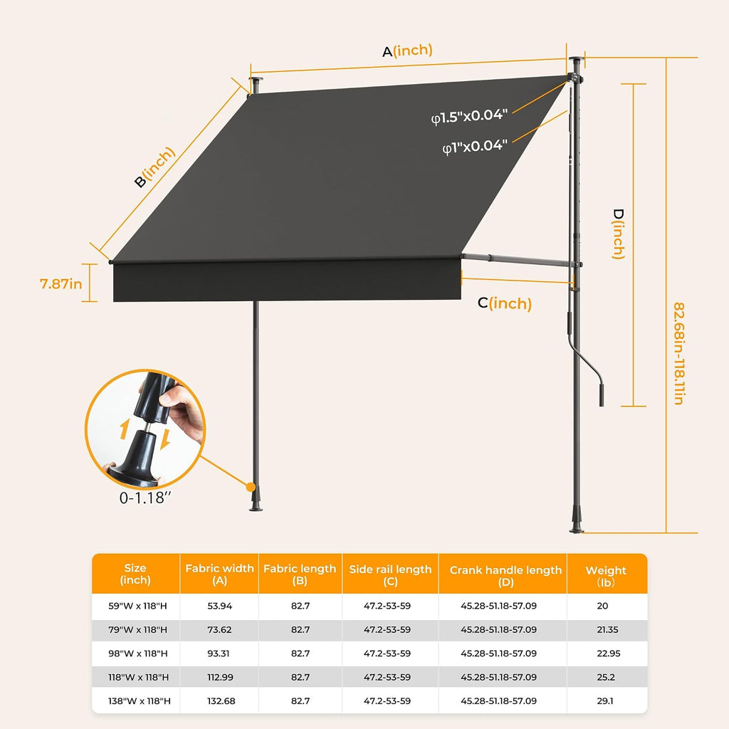 Manual Retractable Awning, 138" W x 118" H Retractable Side Bar 47-59", Outdoor Patio Awnings Height Adjustable