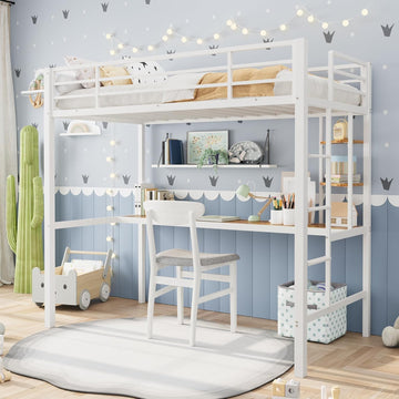 Twin Loft Bed with Large Desk and Storage Shelves
