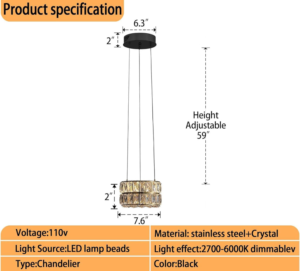 Modern Led Ring Chandelier - Dimmable Crystal Light Fixture for Living Room & Dining Room - Adjustable 7.8inch Black