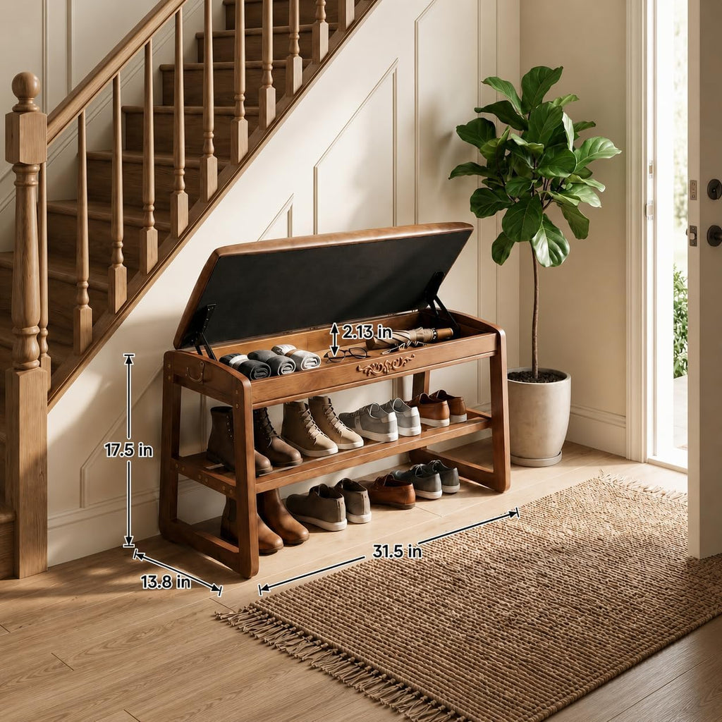 Shoe Rack Bench,2 Tiers Shoe Bench with Storage with Flip-Top,Wood Shoe Rack (Solid Upholstered Seat,31.5")