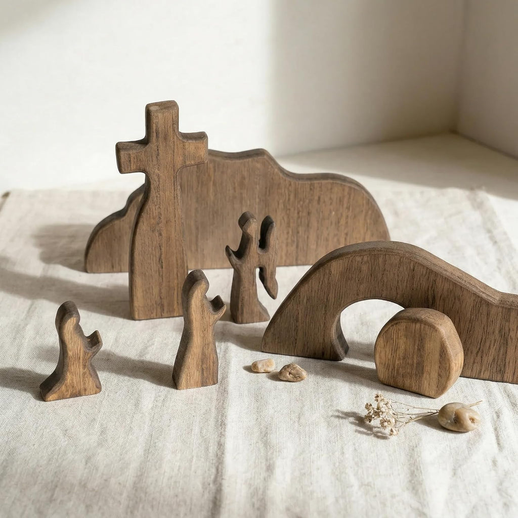 Empty Tomb Easter Scene and Cross Decoration, Wooden Jesus Resurrection Nativity Set, Religious Christian Tabletop - Set of 7