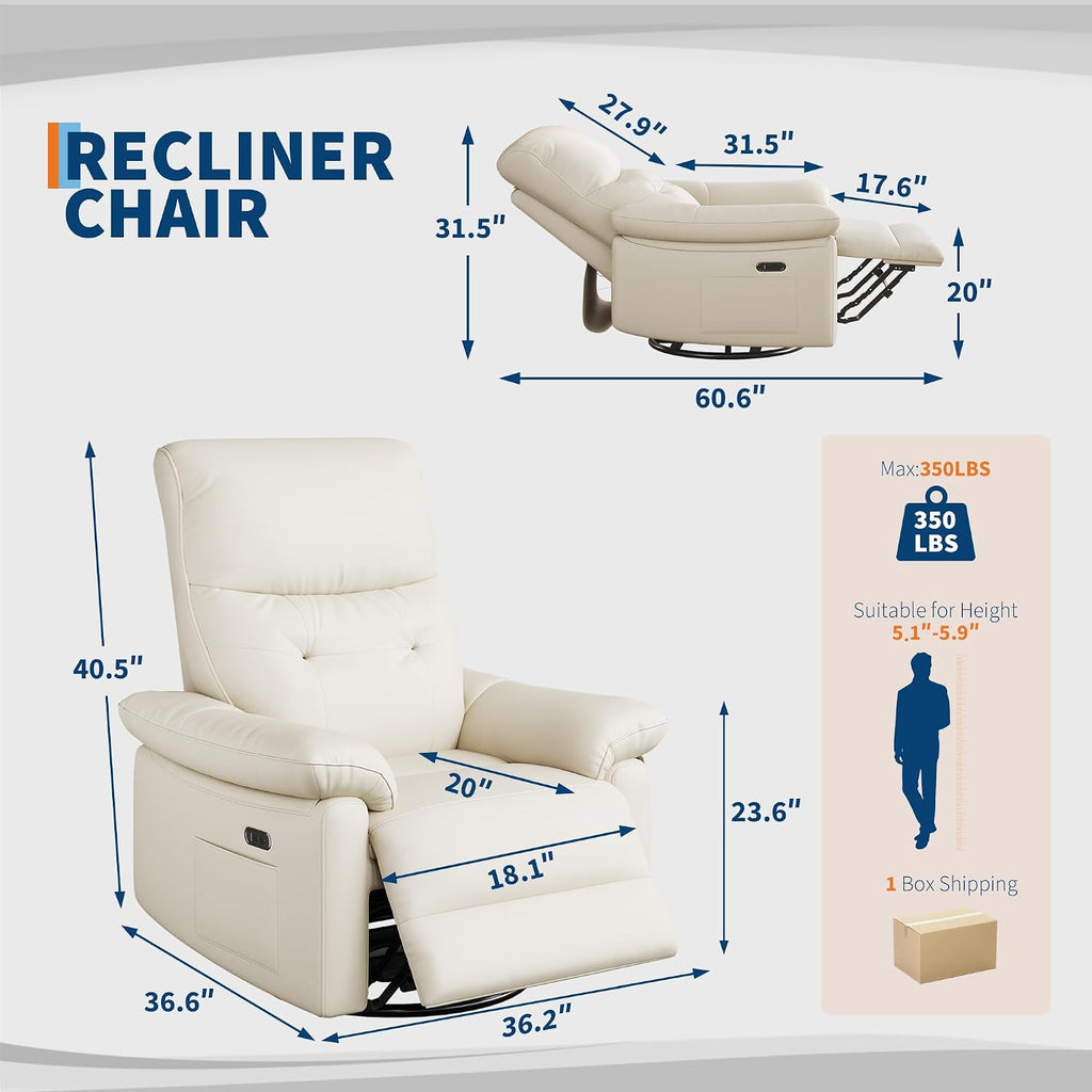 Power Recliner Chair, 270° Swivel Rocking Glider with USB Charging Port, PU Leather Upholstered Fabric and Button
