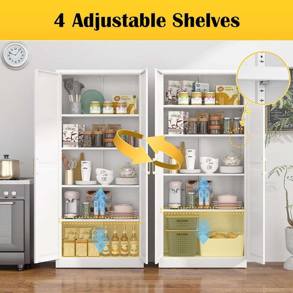 71"Metal Pantry Storage Cabinet with Doors & 4 Adjustable Shelves | Kitchen Pantry Cabinet,White Kitchen Cabinet with
