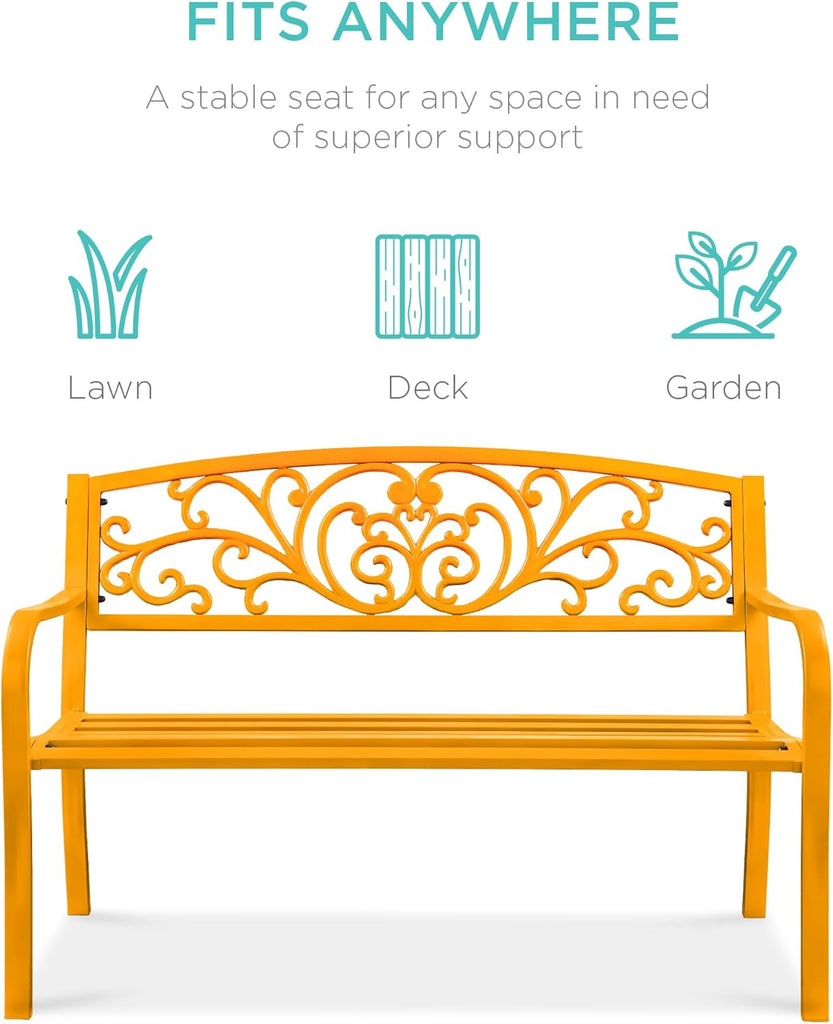 Outdoor Bench Steel Garden Patio Porch Furniture for Lawn, Park, Deck w/Floral Design Backrest, Slatted Seat