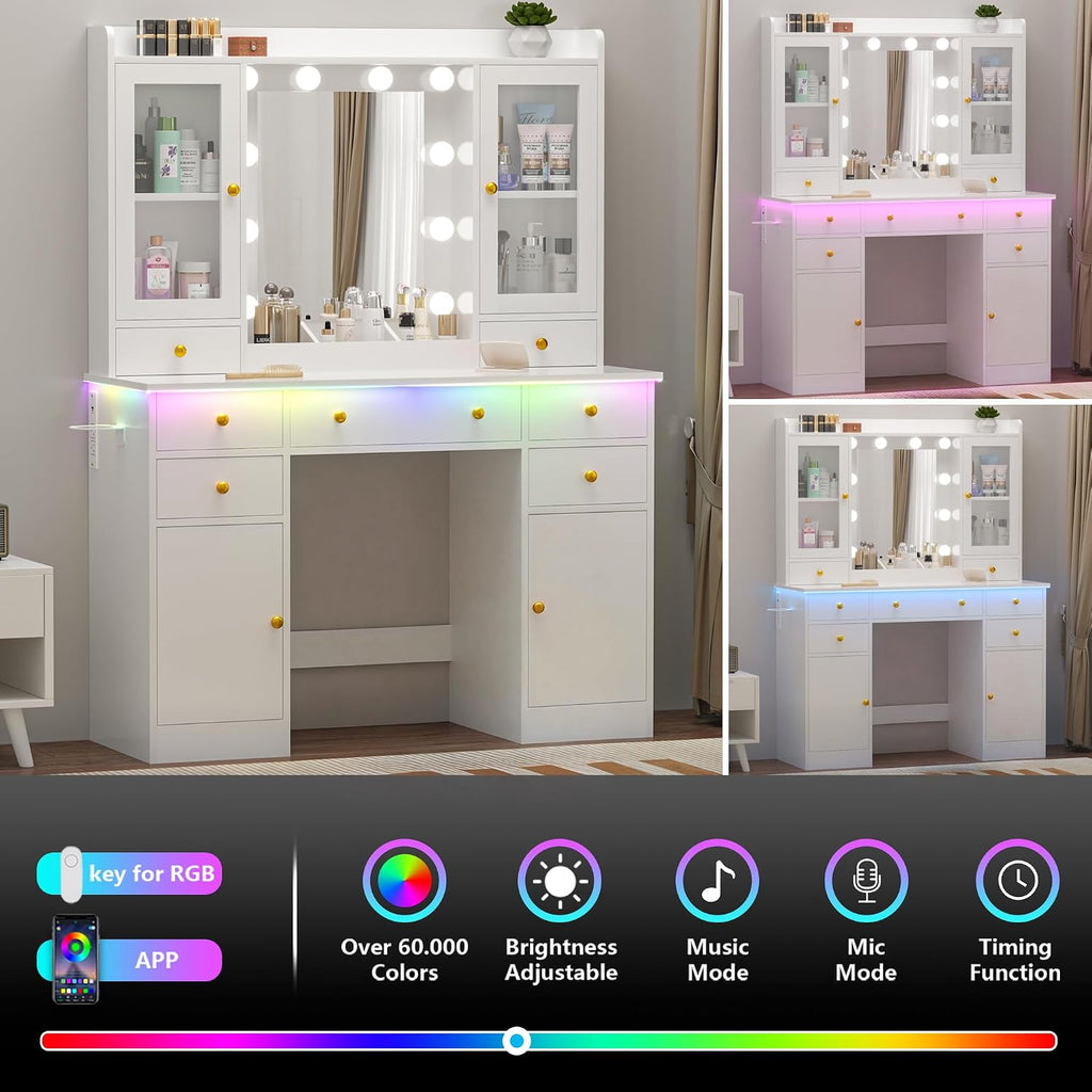 White Makeup Vanity Desk with Mirror and Lights, Smart RGB Light | Vanity Table with Charging Station & 7 Drawers