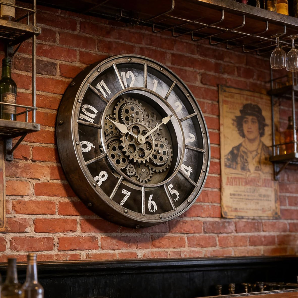 18 Inch Wall Clock with Moving Gears, Oversized Large Industrial Steampunk Decoration, Antique Metal Big Numeral Wall Clocks for Kitchen...