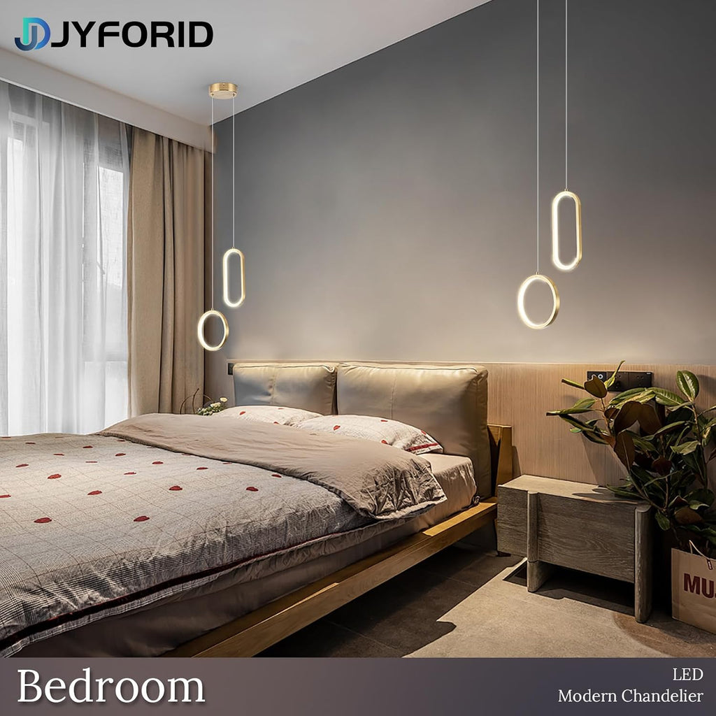 Gold Modern Mini LED Pendant Light with Remote Control, 2 Ring 24W 3-Color Temp Stepless Dimmable Ceiling Hanging