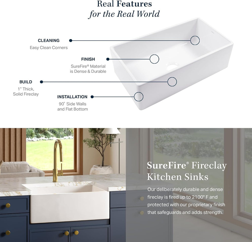 Austen 30 Inch White Fireclay Farmhouse Kitchen Sink, Single Bowl, Apron-Front, Undermount Installation, Fits 33 Inch