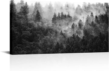 Black and White Misty Foggy Mountain Landscape Canvas Wall Art - Breathtaking Scene of Fir Forest in Hipster Style