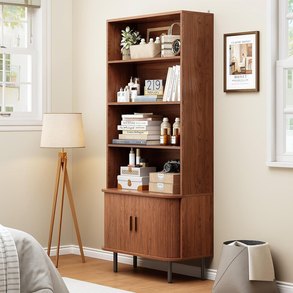 71" Tall Bookshelf, 4-Tier Bookcase with Storage Cabinet & Adjustable Storage Shelf