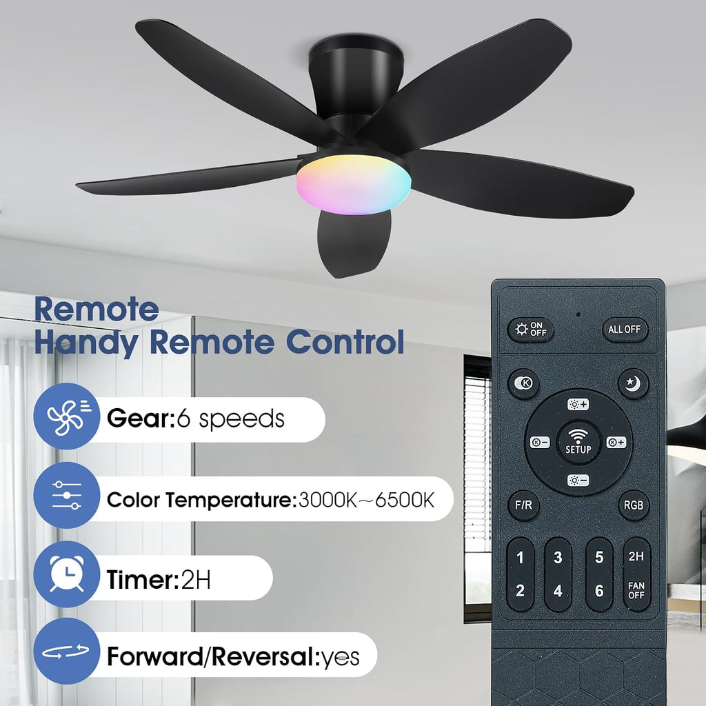 Flush Mount RGB Ceiling Fans with Lights-36 Low Profile Ceiling Fan with Light and Remote/APP Control,DC Reversible,LED Dimmable Black Ceiling Fans for Bedroom,Indoor/Outdoor Patio Use