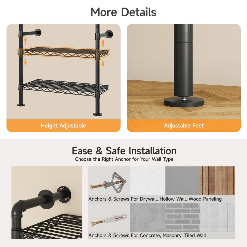 L7 Wall Mounted Industrial Pipe Clothing Rack, Corner Closet System
