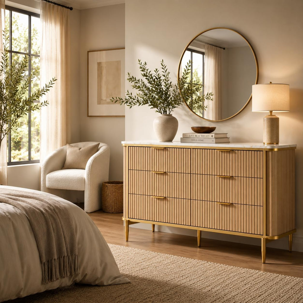55.1" W 6 Drawer Dresser , Modern Fluted Wood Dresser with Marble-Look Top and Gold Accents, Double Chest of Drawers