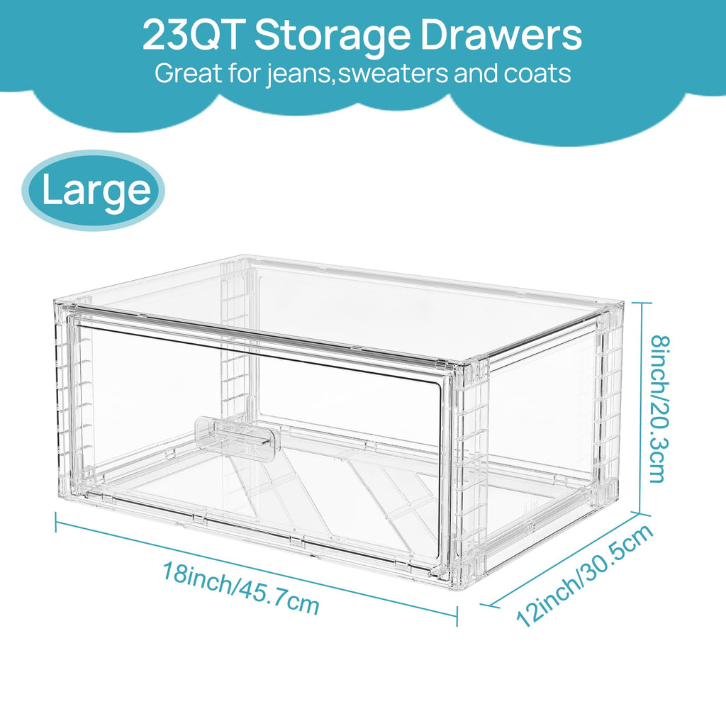 2 Pack Large Clear Stackable Storage Drawers for Closet, 23QT