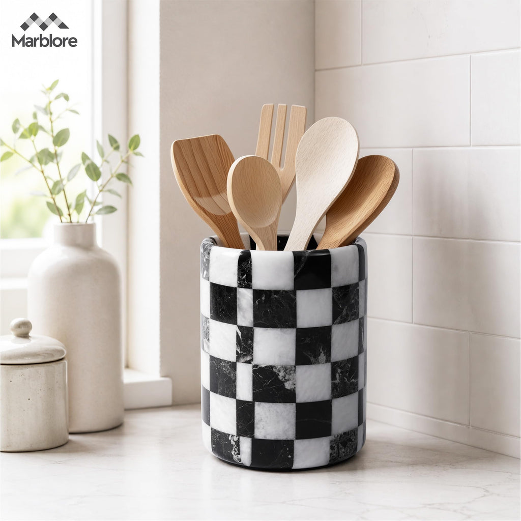 Marble Utensil Holder Black & White 6.5 Inch