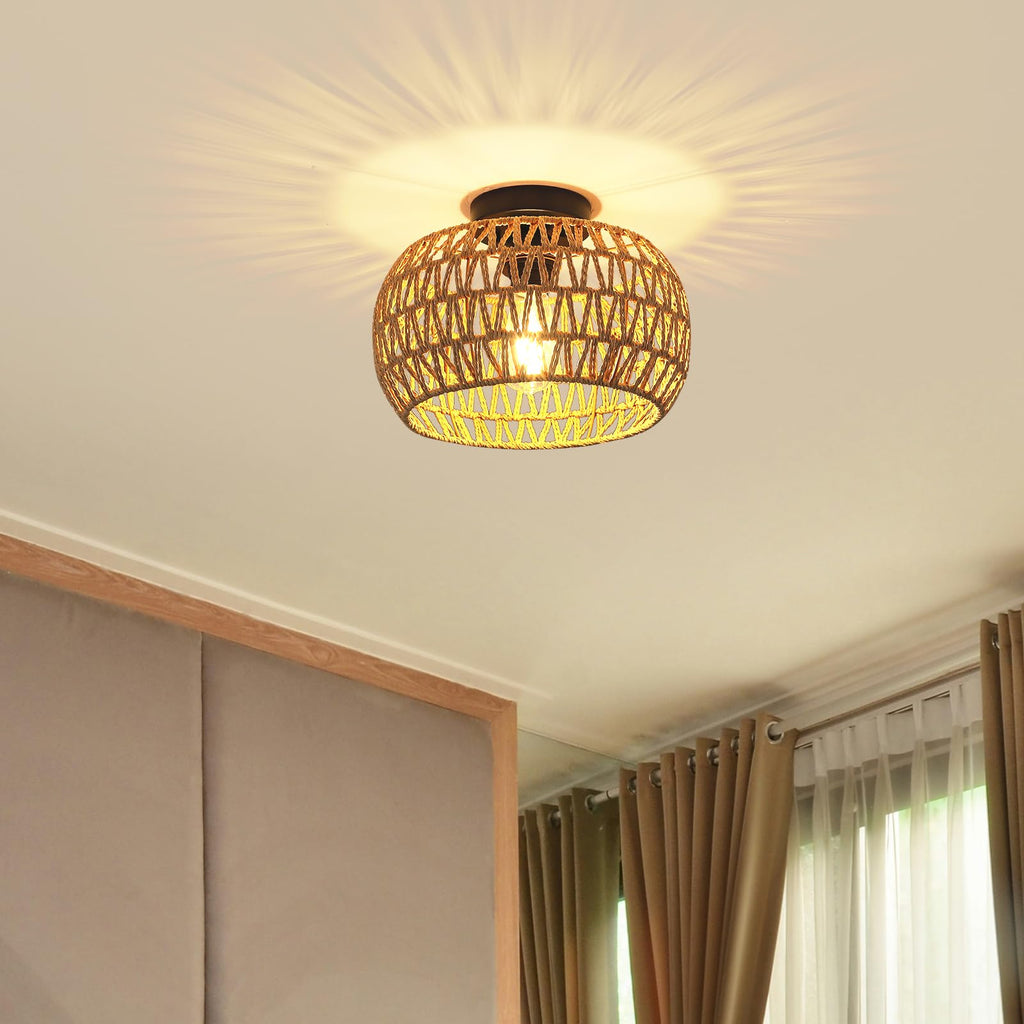12" Boho Ceiling Light Fixture, Rattan Flush Mount Ceiling Light, Small Rustic Hand Woven Chandelier for Farmhouse