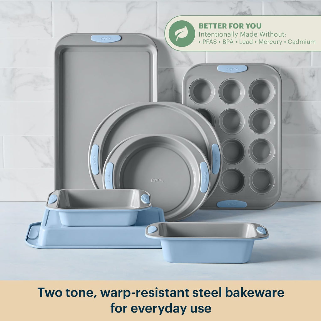 8-Piece Metal Bakeware Set with Heatsafe Silicone Handles, Cerulean | Lightweight stainless steel trays with heatsafe