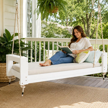 Twin Size Porch Swing Bed, Acacia Wood Outdoor Hanging Daybed Swing with 4 Hemp Ropes and Rope Clips, Wooden Patio