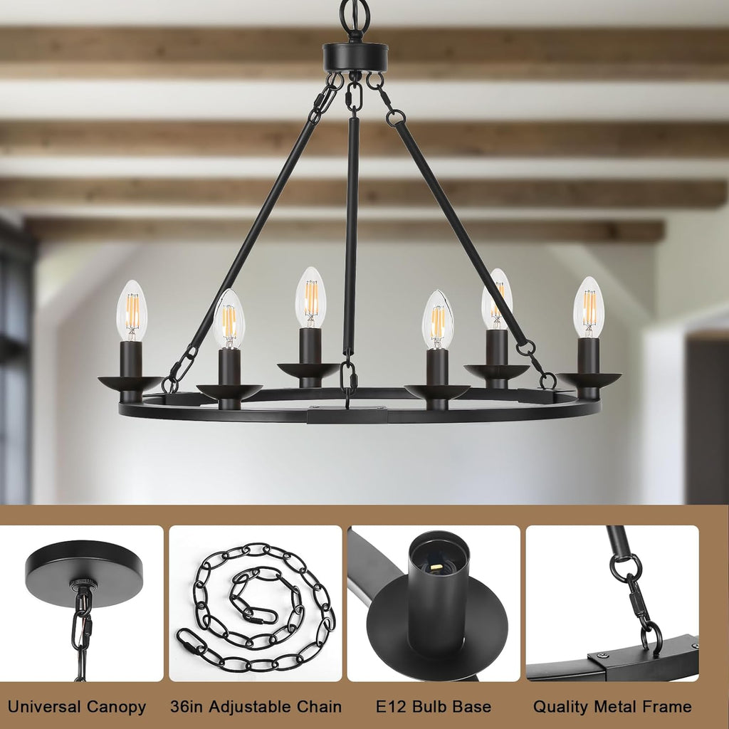 Inspired Camino Style Chandelier - Black Farmhouse Chandelier, 6-Light Wagon Wheel Chandelier with Adjustable Height, Dining Room Light Fixture, Hanging Lights for Kitchen Island, Living Room, Bedroom, Entryway, E12 Base