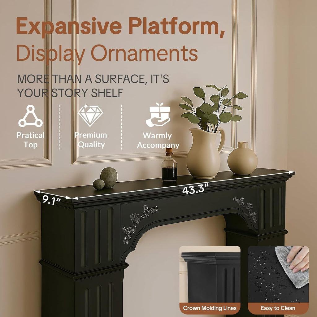 Rustic Black Freestanding, Modern Painted Fireplace Surround with Mantel for Living Room, Grade A MDF Mantel