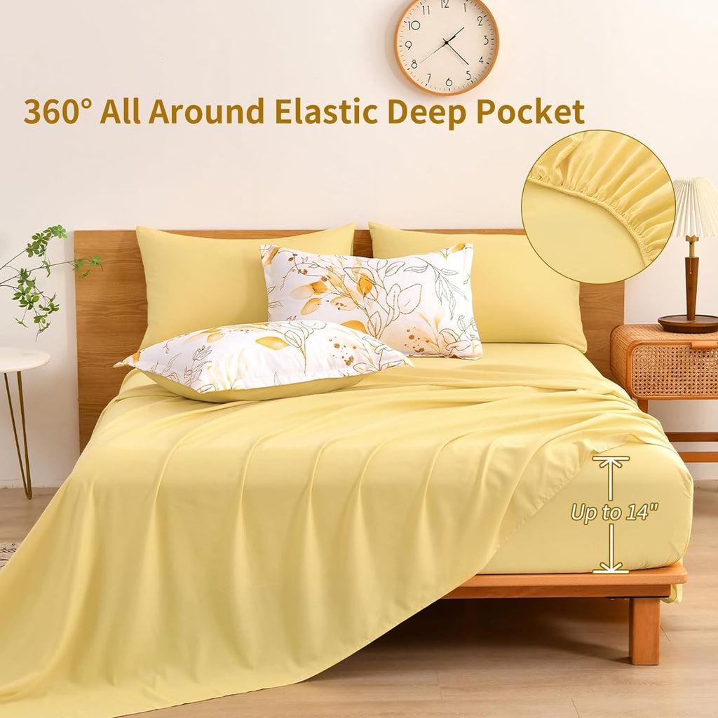 Yellow Botanical Comforter Set Queen, 7 Pieces Floral Bed in a Bag Gloden Leaves Bedding Set Soft Microfiber Queen(1