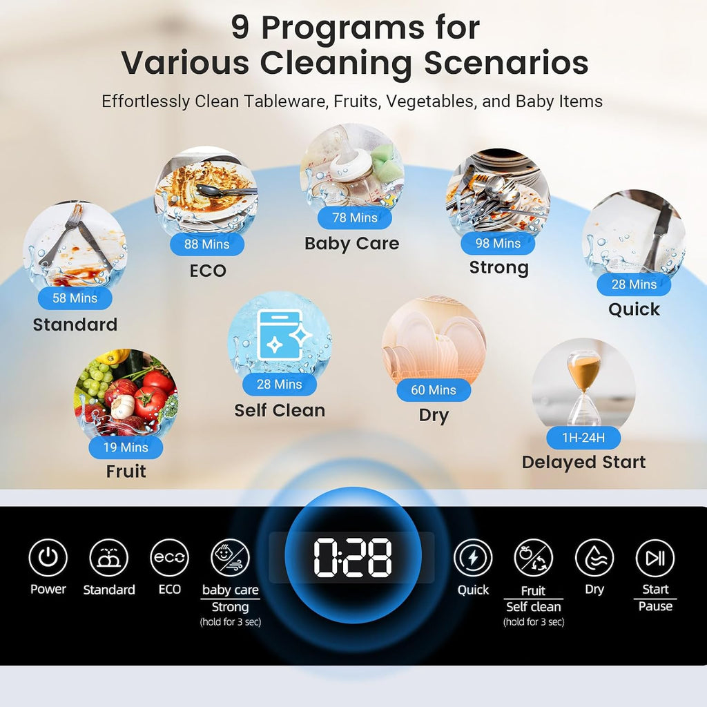 Countertop Portable Mini Dishwasher, 9 Programs,167℉ High-Temp, Hot Air Drying, Air Refresh, 360° 3 Spray, 24H Timing