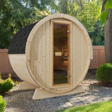 2-Person Outdoor Barrel Sauna with Shingles, Lighting, & 6kW Harvia Sauna Heater, 81x59