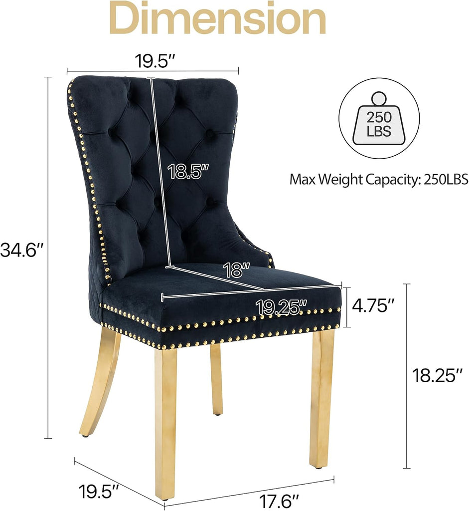 Velvet Dining Chairs Set of 2, Nikki Collection Dining Room Chairs with Gold Metal Legs and Lion Head Pull Ring