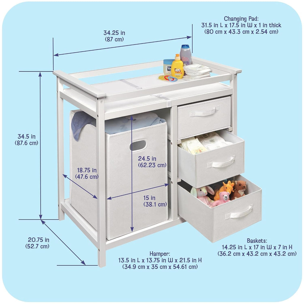 Modern Baby Changing Table - Nursery Furniture with Laundry Hamper and 3 Storage Drawers - Diaper Changing Station