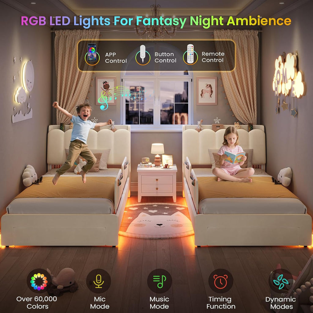 Twin Size LED Bed Frame with Storage Drawer and Safety Guardrails, Velvet Upholstered Platform Bed for Kids with Chic
