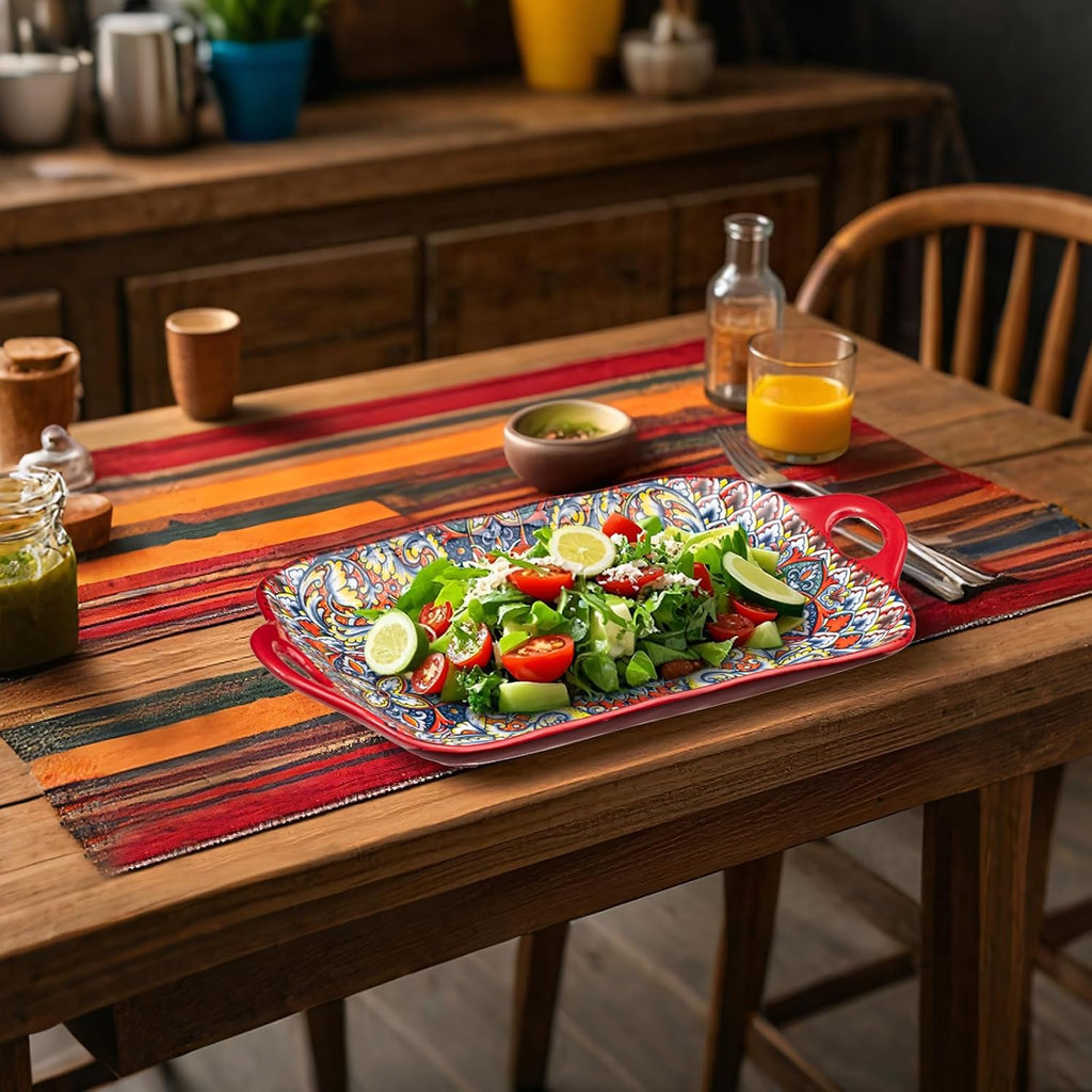 Boho Ceramic Serving Platters with Handles Set of 4, 12Inch Large Serving Dishes for Entertaining, Colorful Cute
