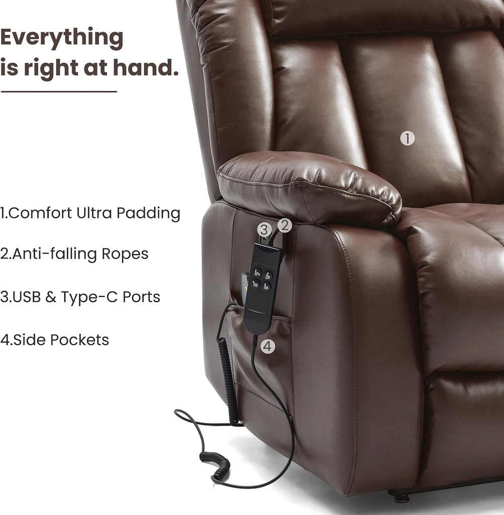 Dual Motor Power Lift Recliner Chair for Elderly, 180-Degree Infinite Position Lay Flat Leather Recliner Chairs, with