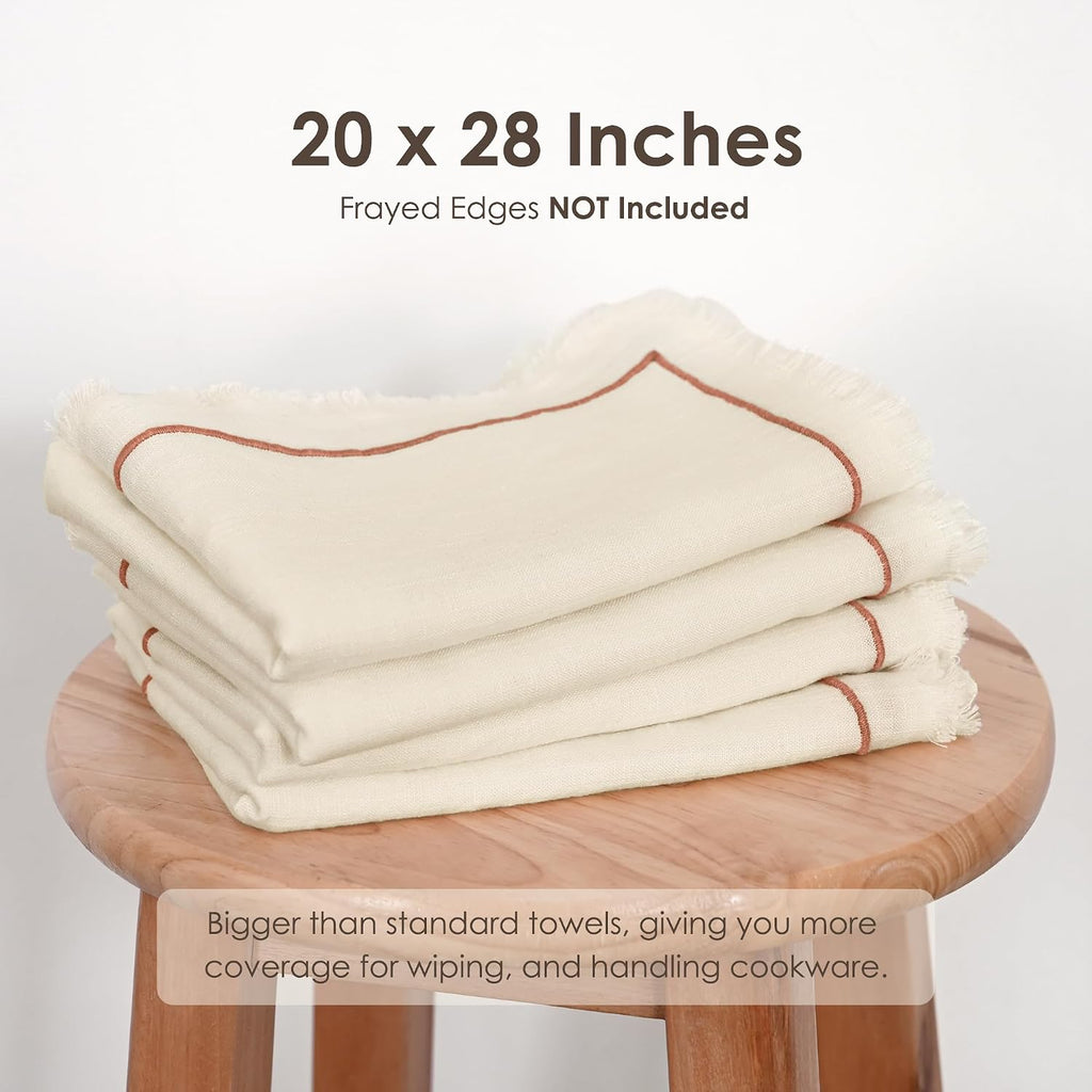 Linen World Dish Towels Set of 4, 20 x 28 Inch Linen Blend Kitchen Towel, Frayed Edge, Embroidered Border, Absorbent