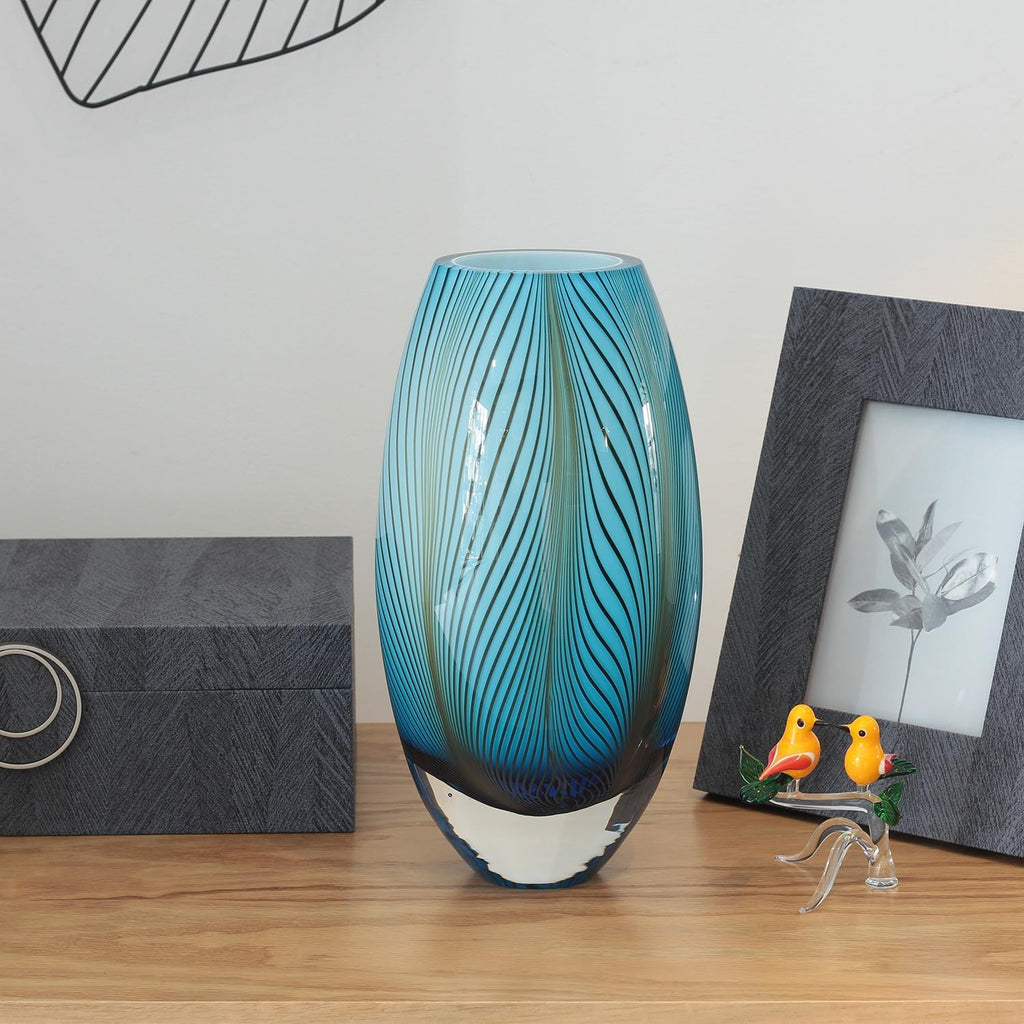 Murano Style Glass Vase Hand Blown Blue Feather Pattern Effect Home De