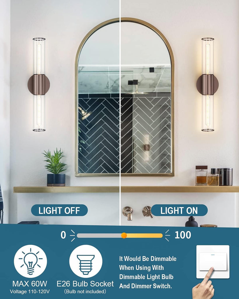 Bathroom Vanity Light Fixture, 2-Light Oil Rubbed Bronze Wall Sconce Lighting Fixture with Clear Glass, Indoor E26