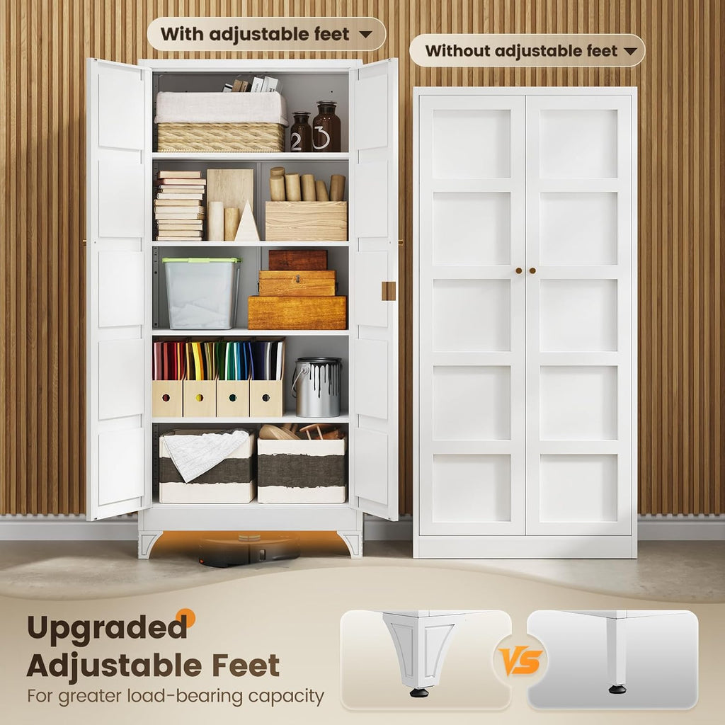 Metal Storage Cabinet with 2 Doors and 4 Adjustable Shelves,- 72" White Kitchen Pantry Storage Cabinet